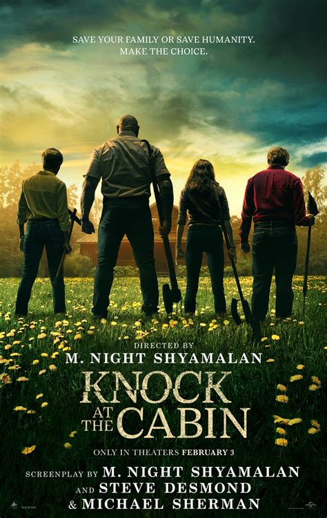 Feb 3, 2023 · Knock at the Cabin is a M. Night Shyamalan film about a family's self-sacrifice to save the world from an apocalypse. The ending reveals the meaning of their choice, the nature of the events, and the theme of love conquering all. 